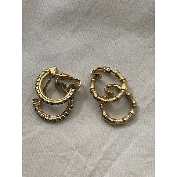 Vintage Gold Tone Rhinestone Lined & Gold Tone Ribbed Sectioned Clip-on Earrings - Picture 2 of 12
